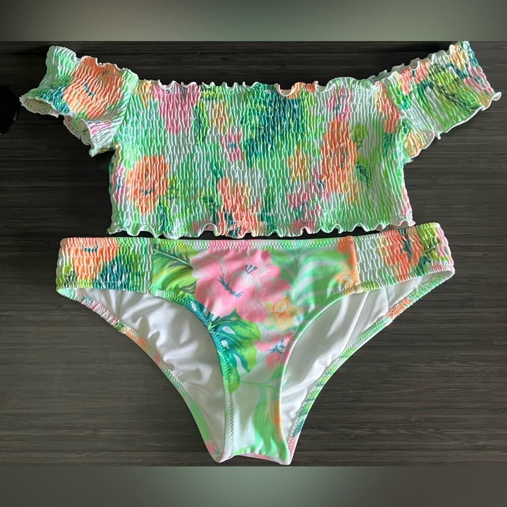 Victoria's Secret Pink Smocked Floral Off Shoulder Swimsuit Bikini Size M